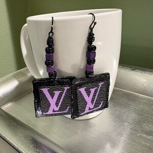 Black and Purple Earrings LV Upcycled Louis Vuitton Monogram Canvas